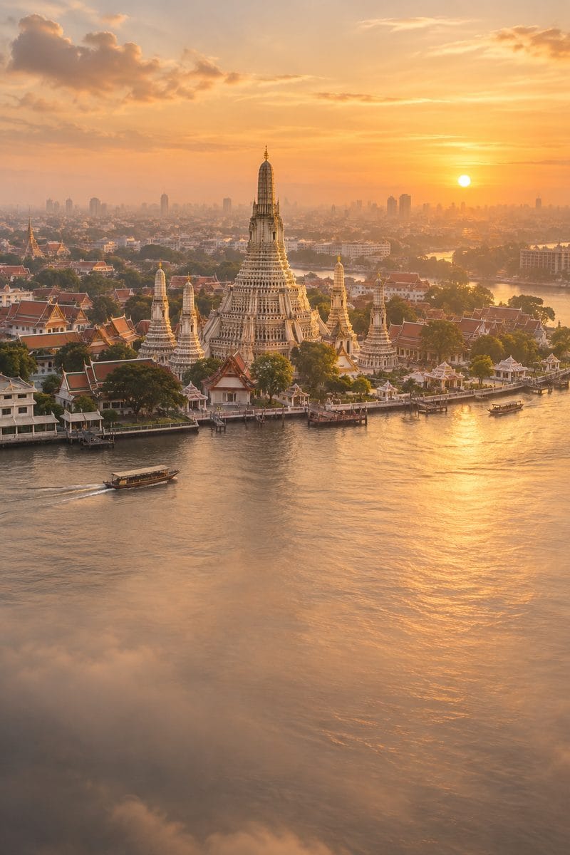 Wat Arun temple on the Chao Phraya River at sunset